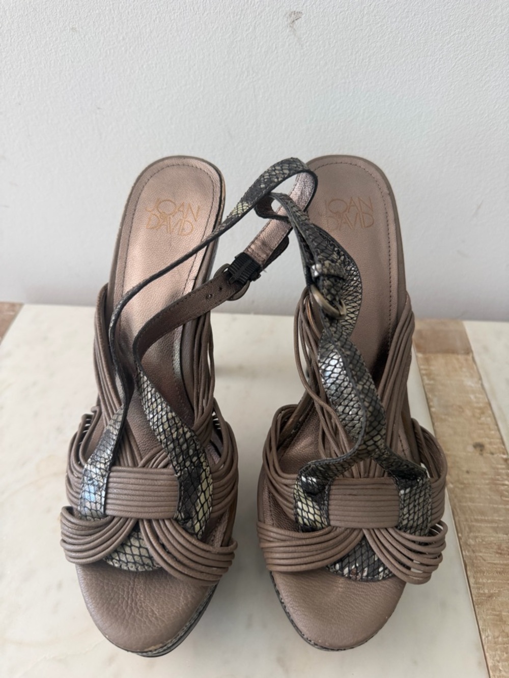 Joan & David Taupe Braided Wedge Sandals with Snake-Print Straps